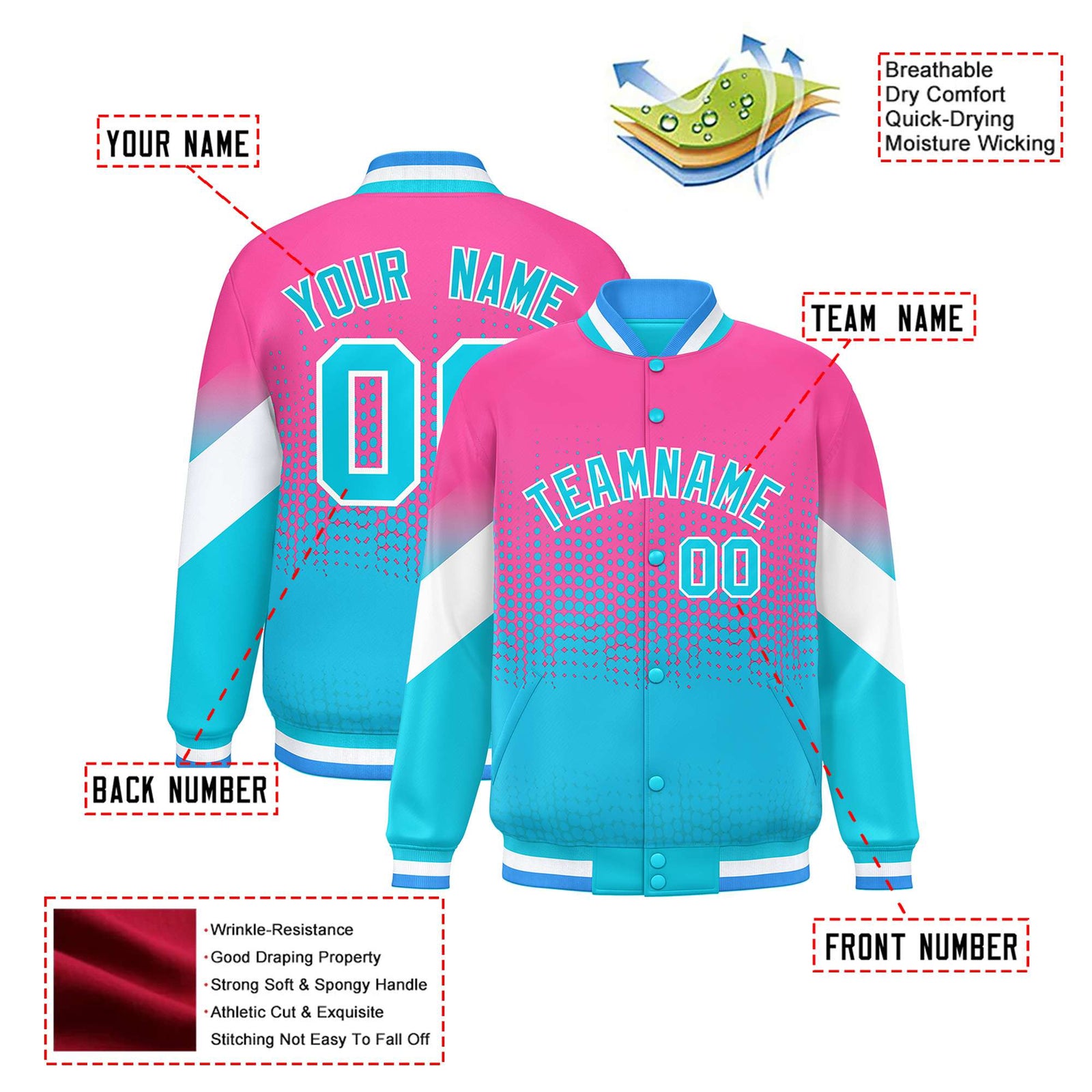 Custom Pink Sky Blue Gradient Varsity Full-Snap Polka Dot Pattern Letterman Baseball Jacket