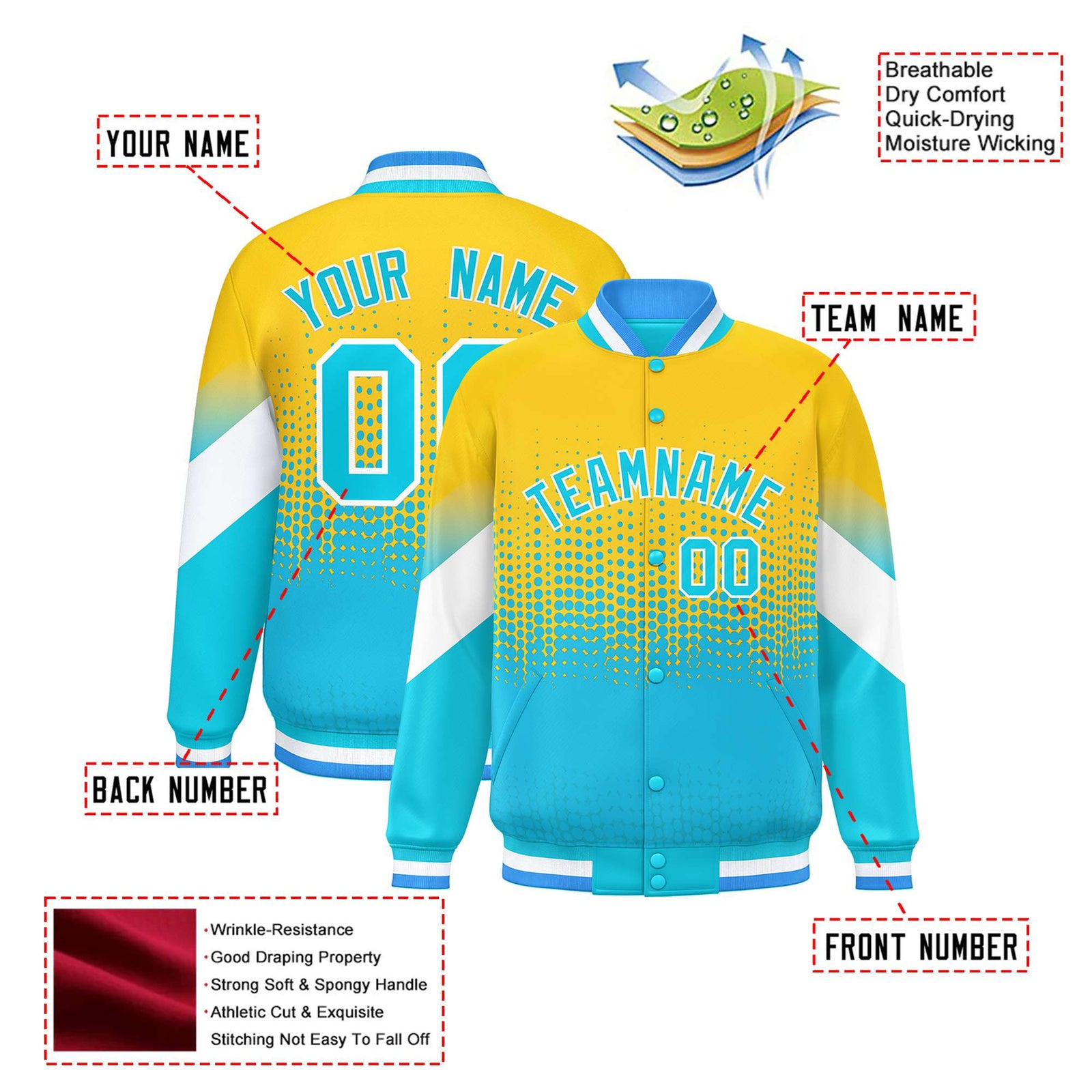 Custom Gold Sky Blue Gradient Varsity Full-Snap Polka Dot Pattern Letterman Baseball Jacket