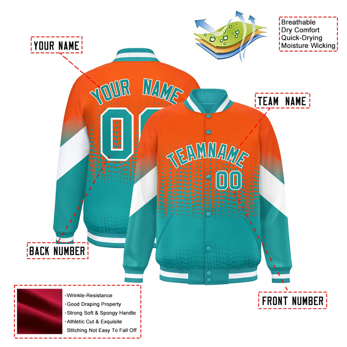 Custom Orange Aqua Gradient Varsity Full-Snap Polka Dot Pattern Letterman Baseball Jacket