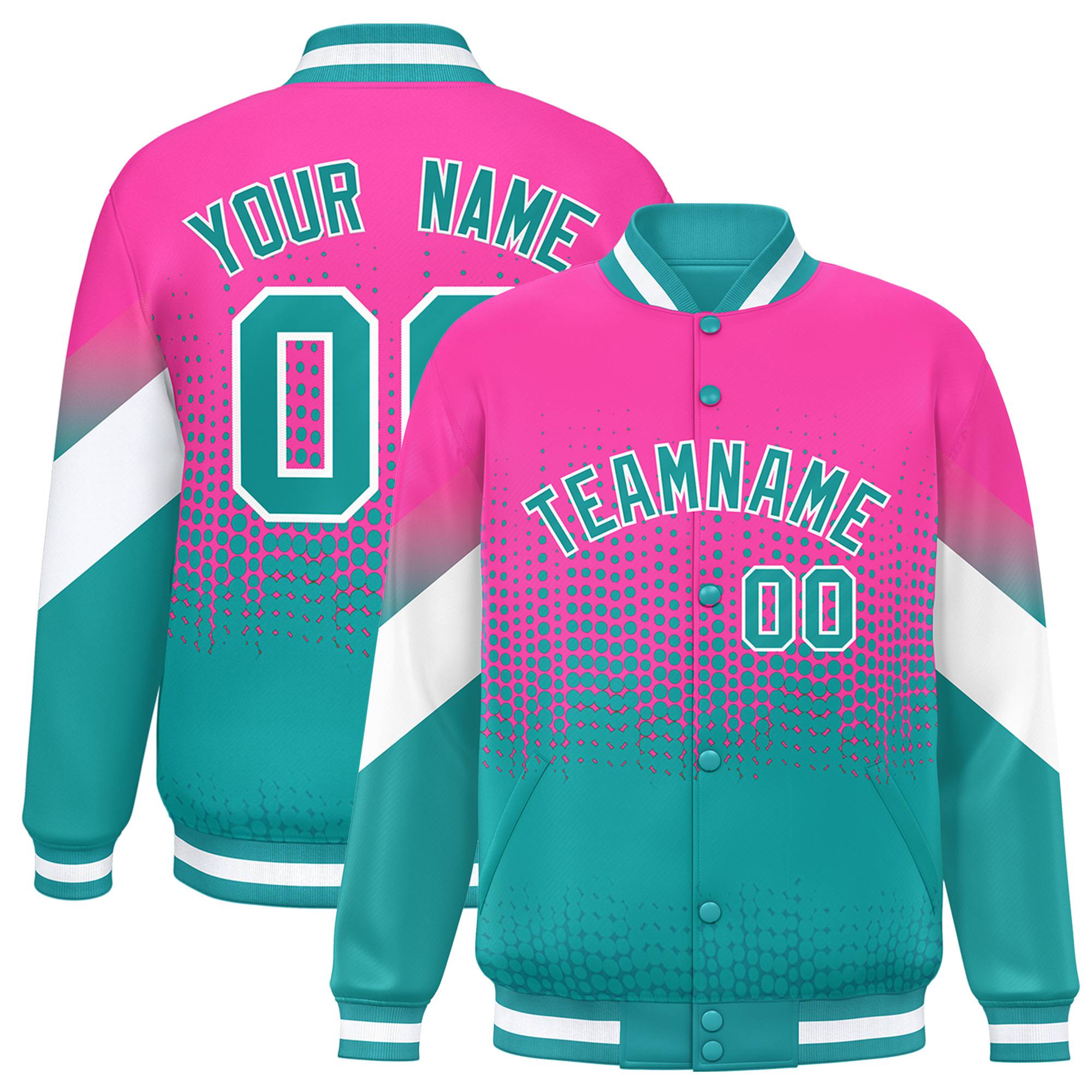 Custom Pink Aqua Gradient Varsity Full-Snap Polka Dot Pattern Letterman Baseball Jacket