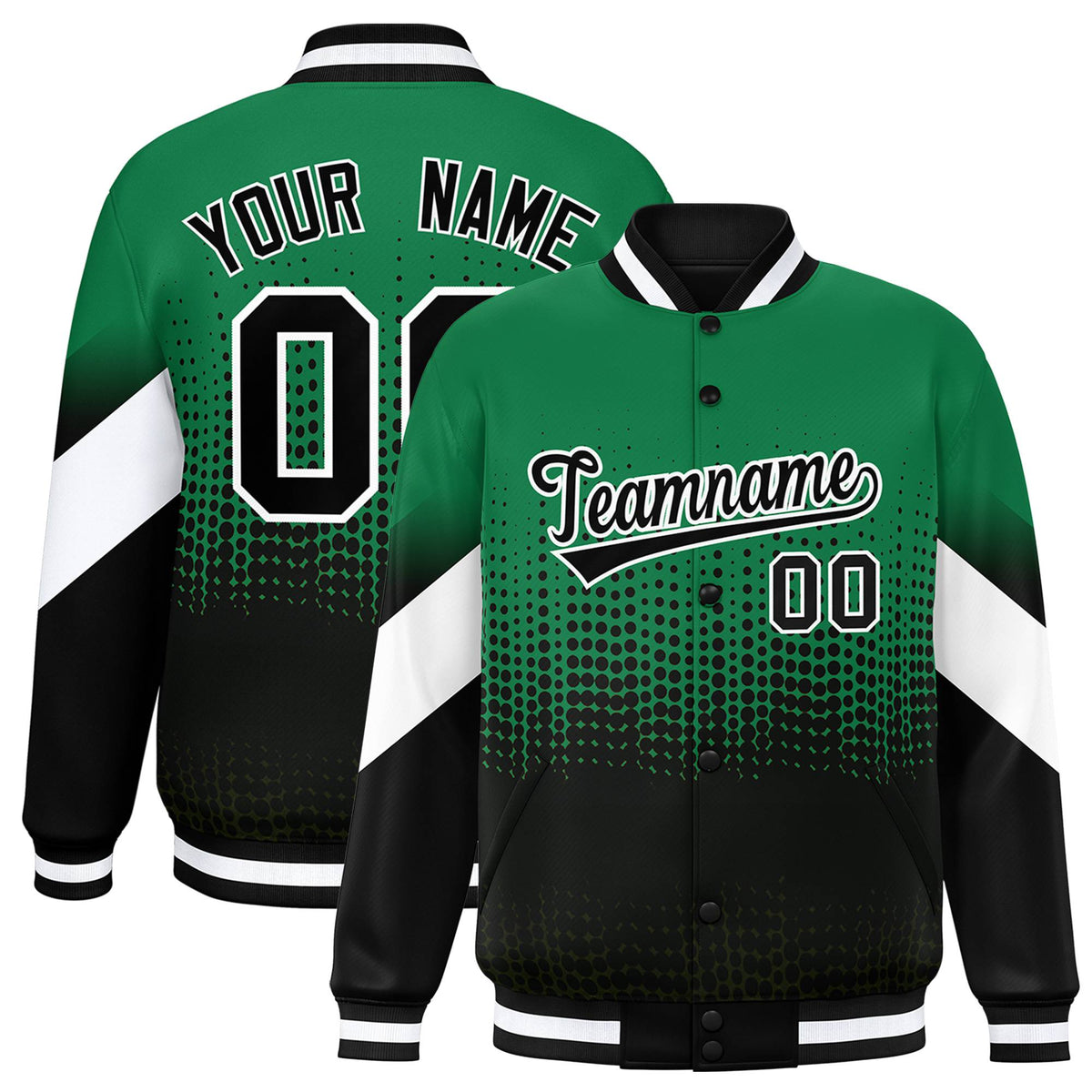 Custom Kelly Green Black Gradient Varsity Full-Snap Polka Dot Pattern Letterman Baseball Jacket