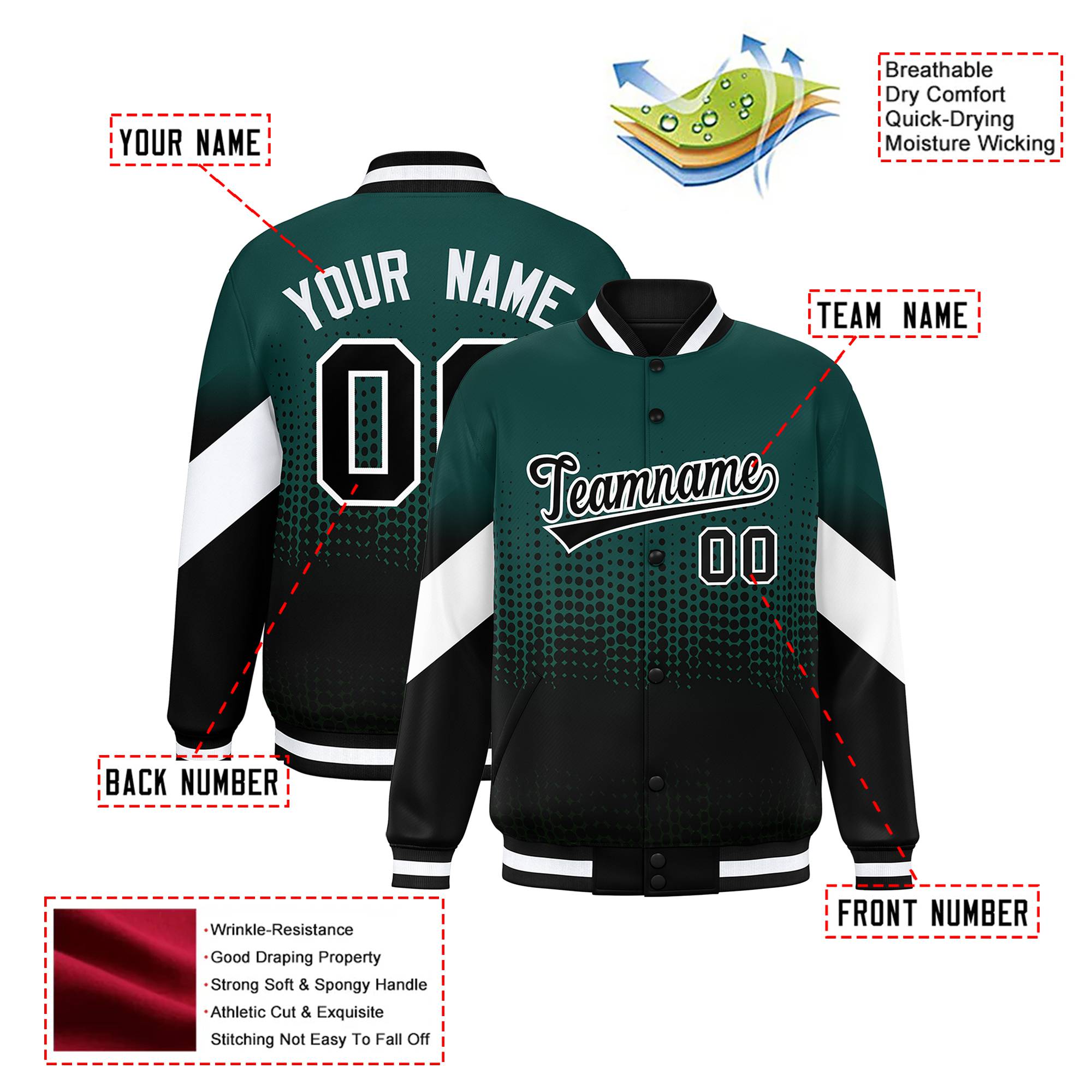 Custom Green Black Gradient Varsity Full-Snap Polka Dot Pattern Letterman Baseball Jacket