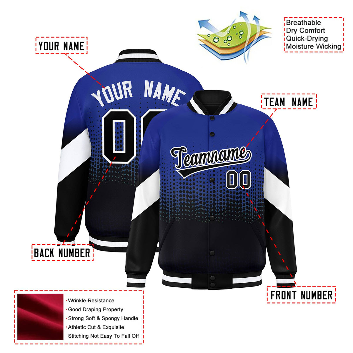 Custom Royal Blue Black Gradient Varsity Full-Snap Polka Dot Pattern Letterman Baseball Jacket