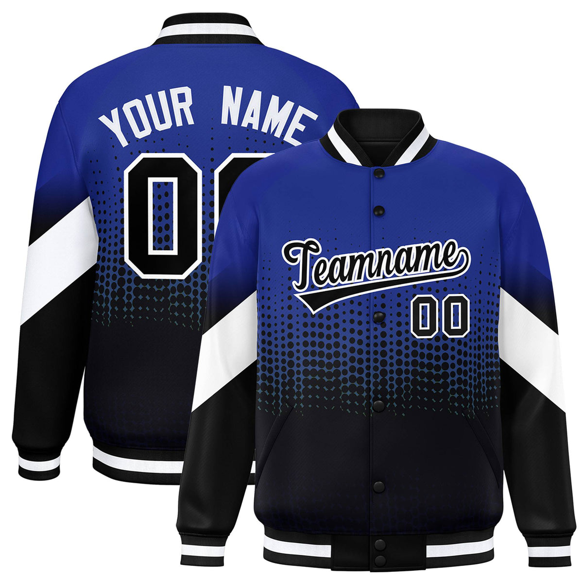 Custom Royal Blue Black Gradient Varsity Full-Snap Polka Dot Pattern Letterman Baseball Jacket