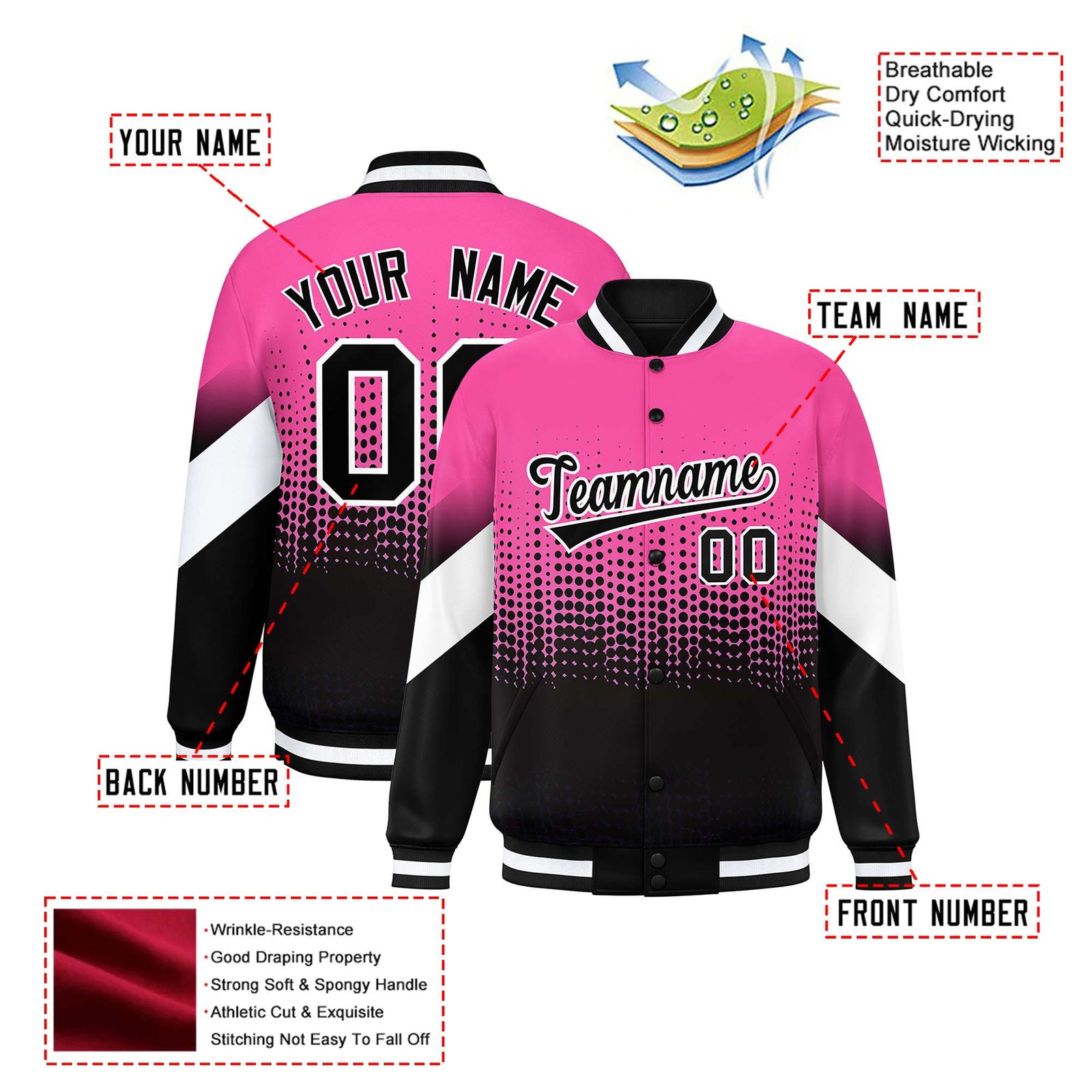 Custom Pink Black Gradient Varsity Full-Snap Polka Dot Pattern Letterman Baseball Jacket