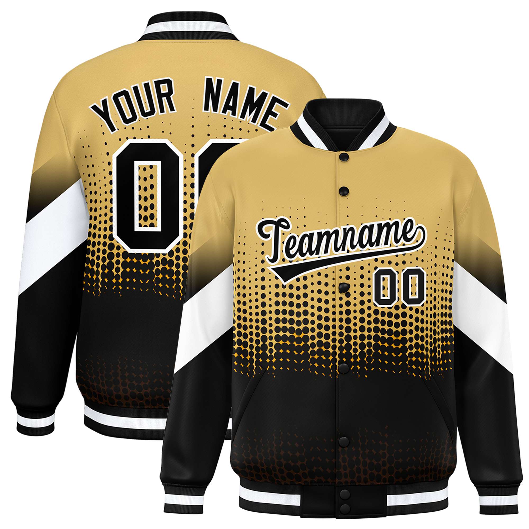 Custom Old Gold Black Gradient Varsity Full-Snap Polka Dot Pattern Letterman Baseball Jacket