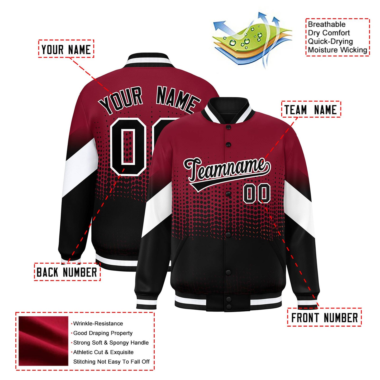 Custom Crimson Black Gradient Varsity Full-Snap Polka Dot Pattern Letterman Baseball Jacket