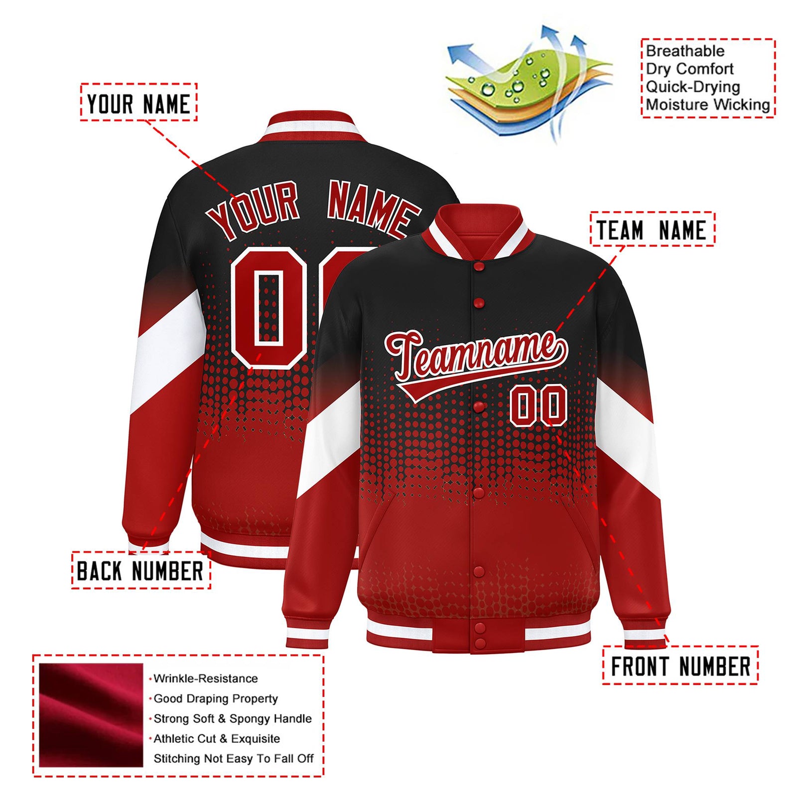 Custom Black Red Gradient Varsity Full-Snap Polka Dot Pattern Letterman Baseball Jacket