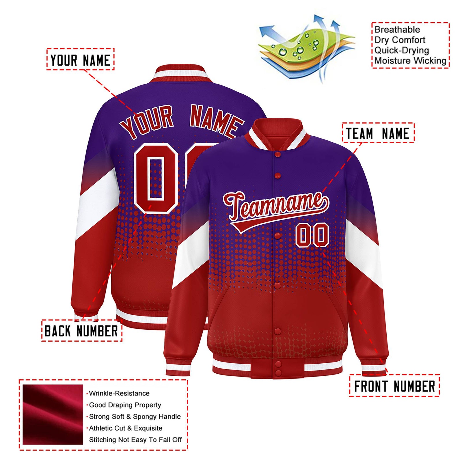 Custom Purple Red Gradient Varsity Full-Snap Polka Dot Pattern Letterman Baseball Jacket