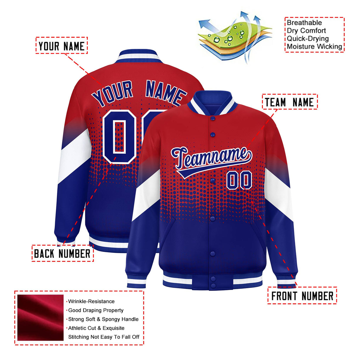 Custom Red Royal Blue Gradient Varsity Full-Snap Polka Dot Pattern Letterman Baseball Jacket