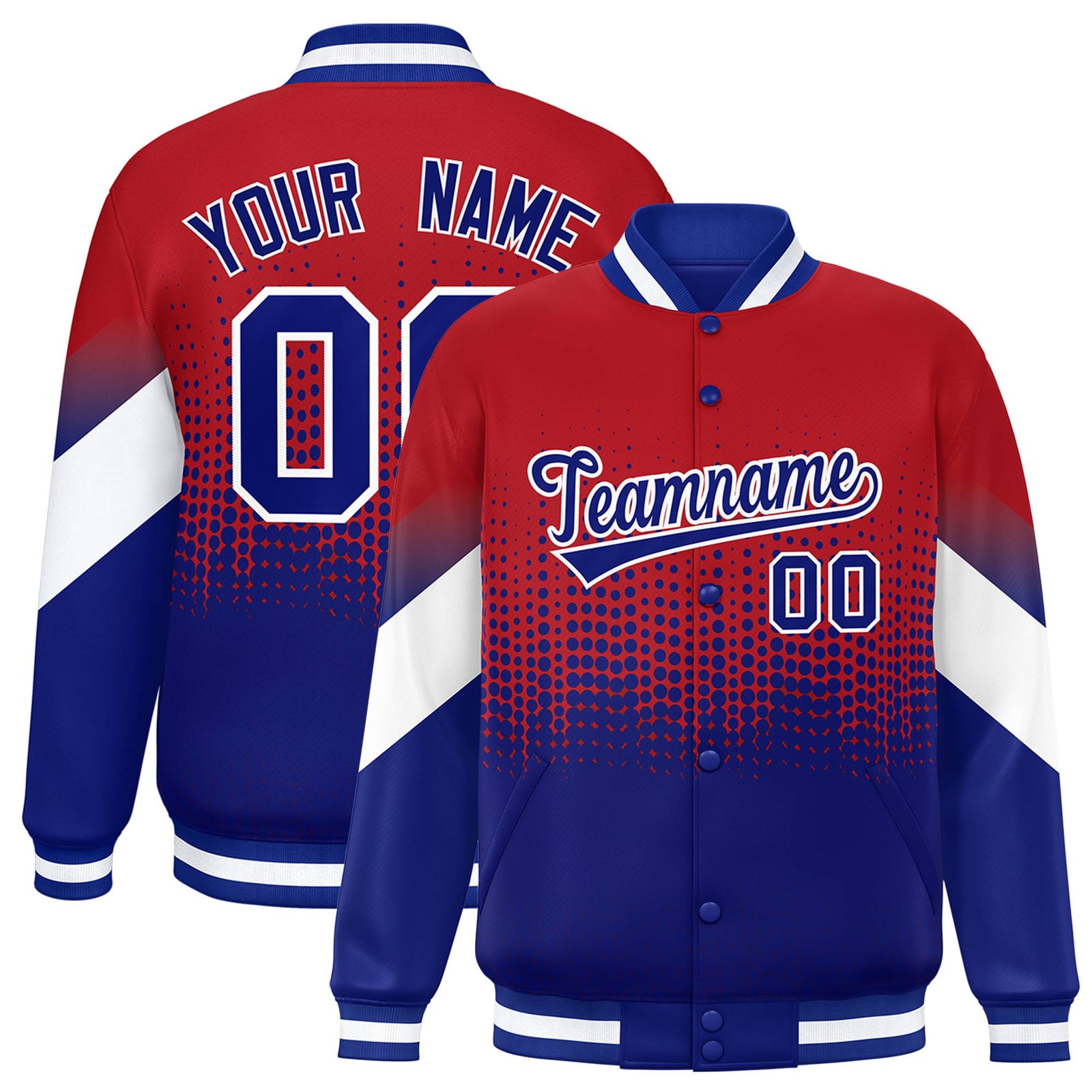 Custom Red Royal Blue Gradient Varsity Full-Snap Polka Dot Pattern Letterman Baseball Jacket