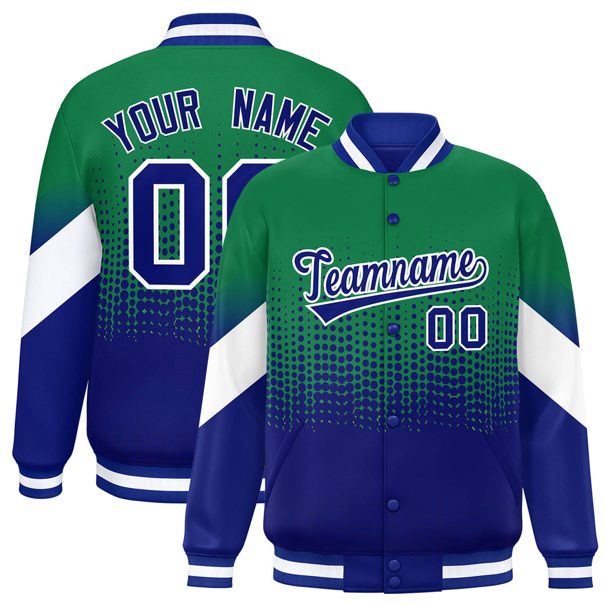 Custom Kelly Green Royal Blue Gradient Varsity Full-Snap Polka Dot Pattern Letterman Baseball Jacket