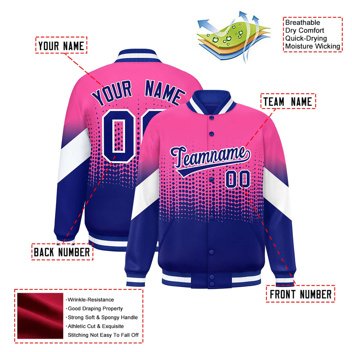 Custom Pink Royal Blue Gradient Varsity Full-Snap Polka Dot Pattern Letterman Baseball Jacket