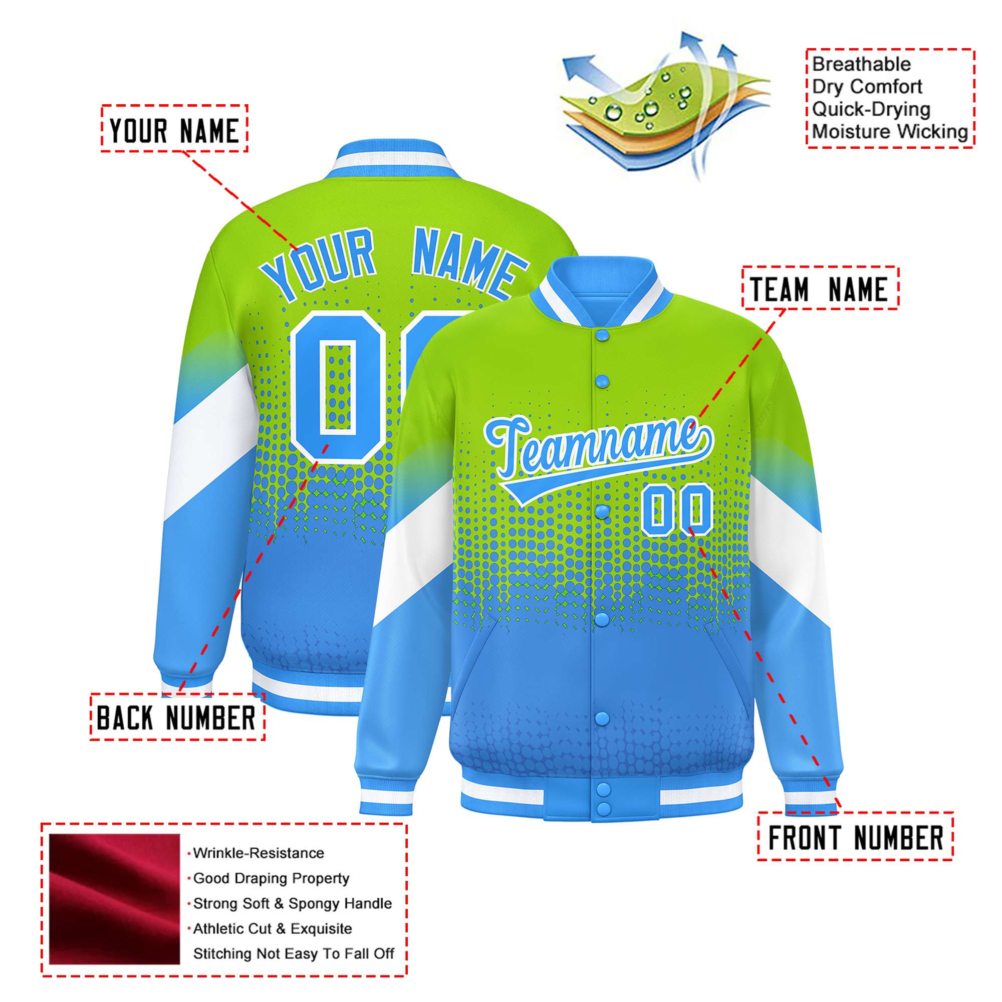 Custom Neon Green Powder Blue Gradient Varsity Full-Snap Polka Dot Pattern Letterman Baseball Jacket