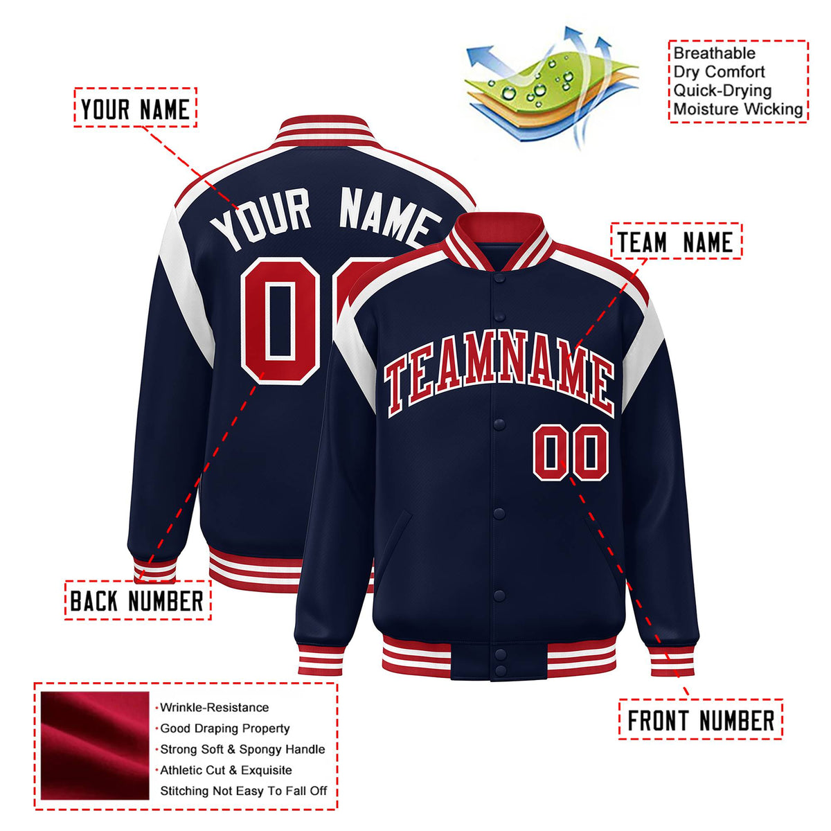 Custom Navy Red-White Bomber Full-Snap Varsity Letterman Shoulder Stripe Jacket