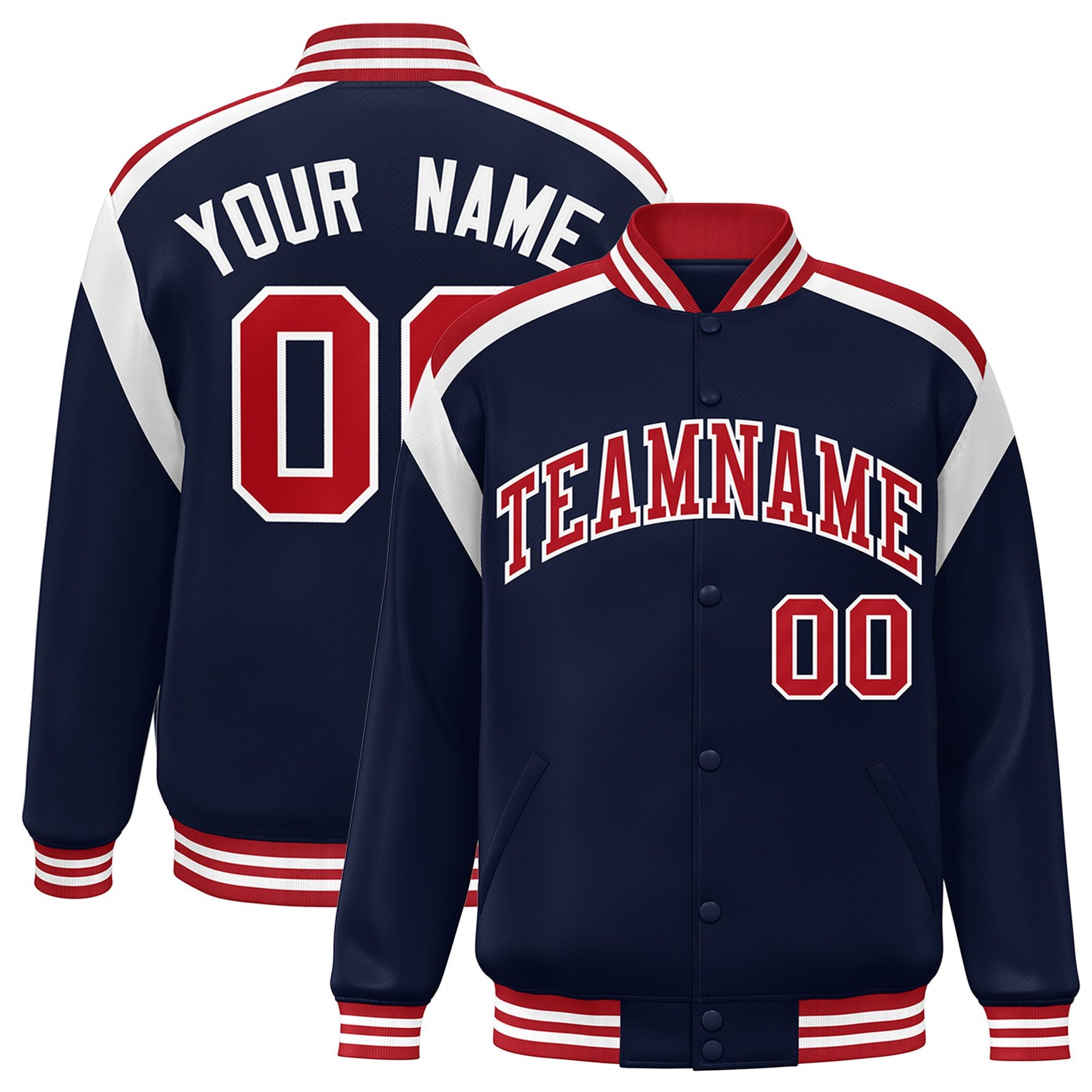 Custom Navy Red-White Bomber Full-Snap Varsity Letterman Shoulder Stripe Jacket