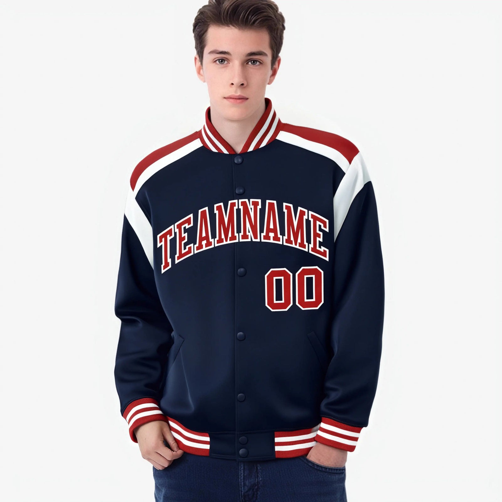 Custom Navy Red-White Bomber Full-Snap Varsity Letterman Shoulder Stripe Jacket