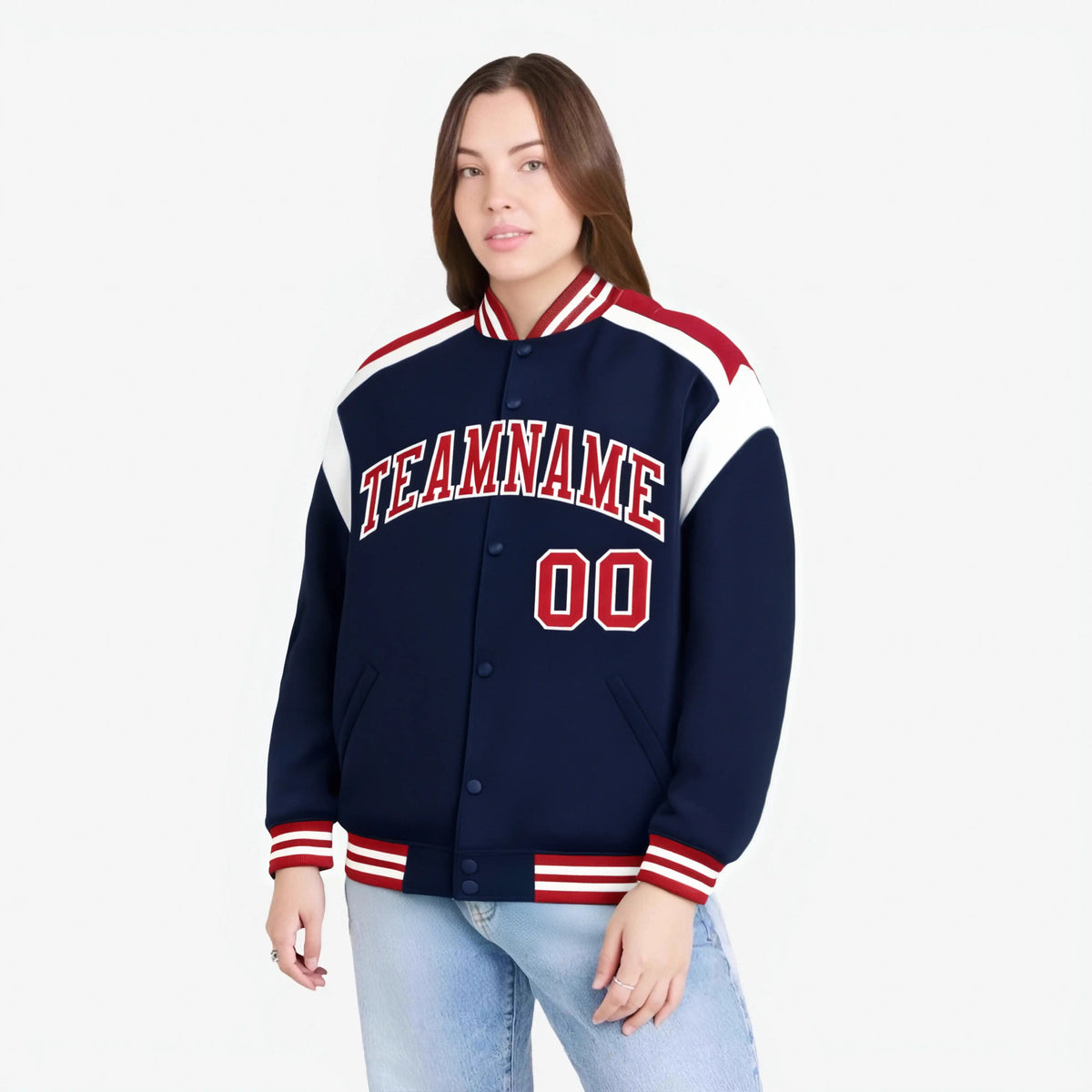 Custom Navy Red-White Bomber Full-Snap Varsity Letterman Shoulder Stripe Jacket