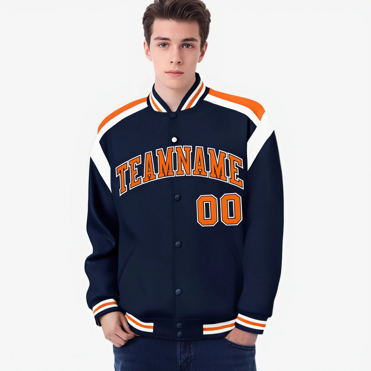 Custom Navy Orange-White Bomber Full-Snap Varsity Letterman Shoulder Stripe Jacket