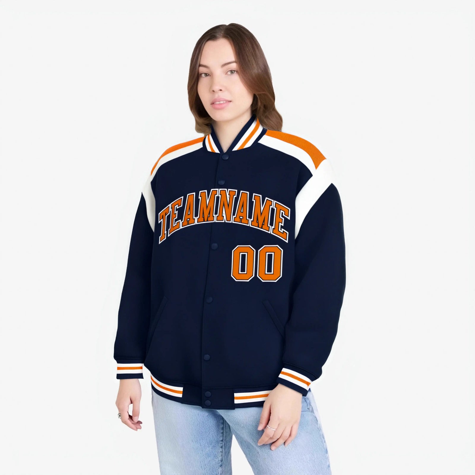 Custom Navy Orange-White Bomber Full-Snap Varsity Letterman Shoulder Stripe Jacket