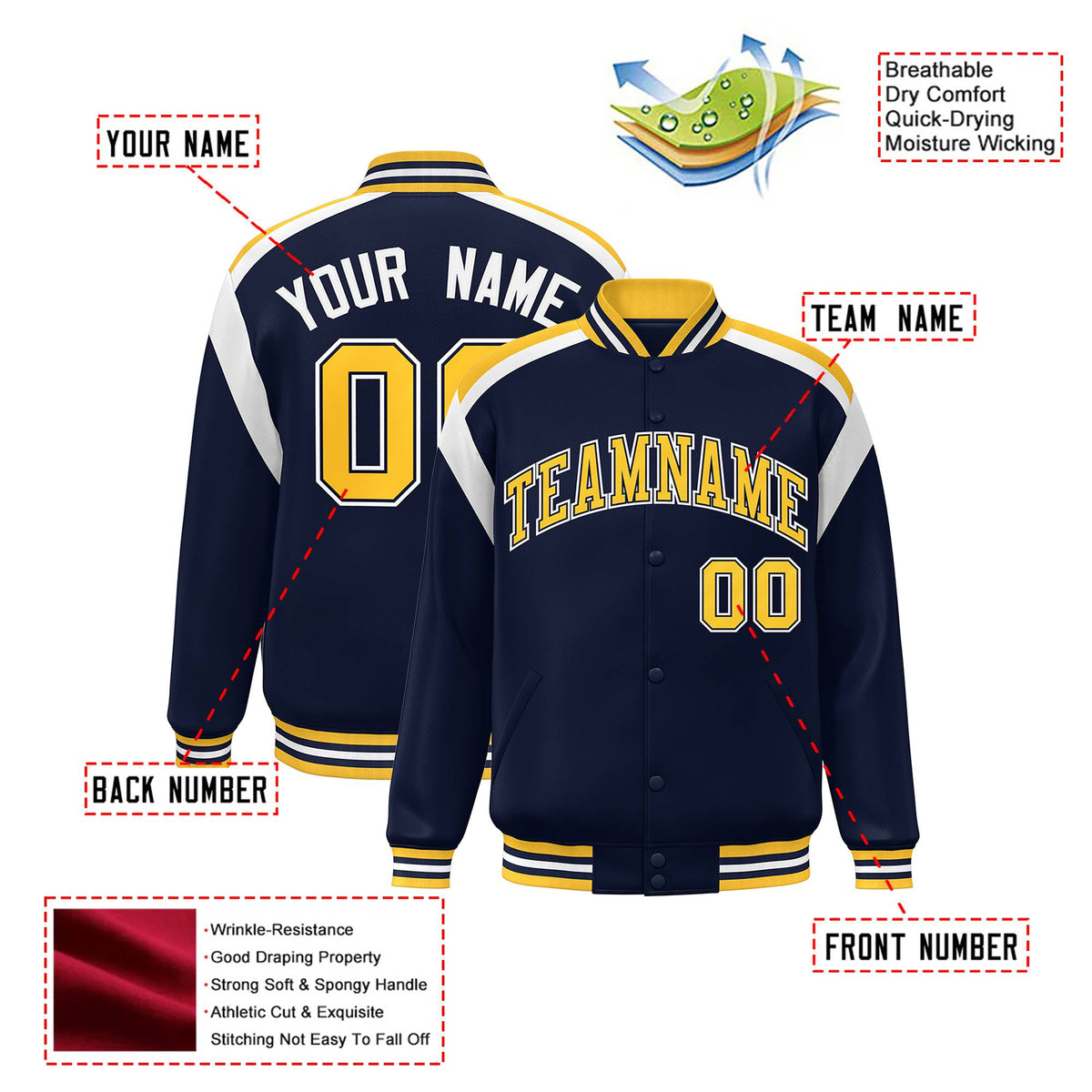 Custom Navy Yellow-White Bomber Full-Snap Varsity Letterman Shoulder Stripe Jacket