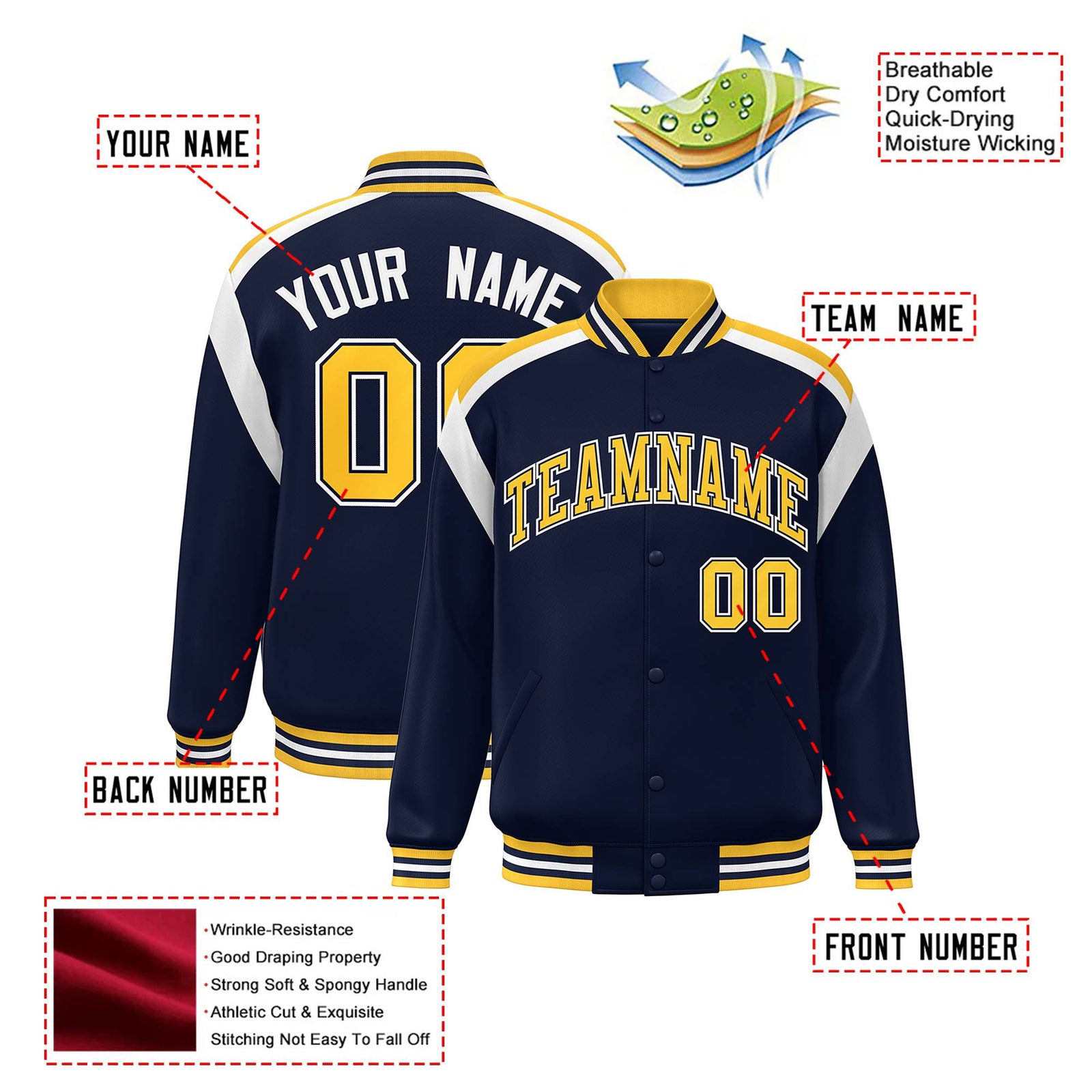 Custom Navy Yellow-White Bomber Full-Snap Varsity Letterman Shoulder Stripe Jacket