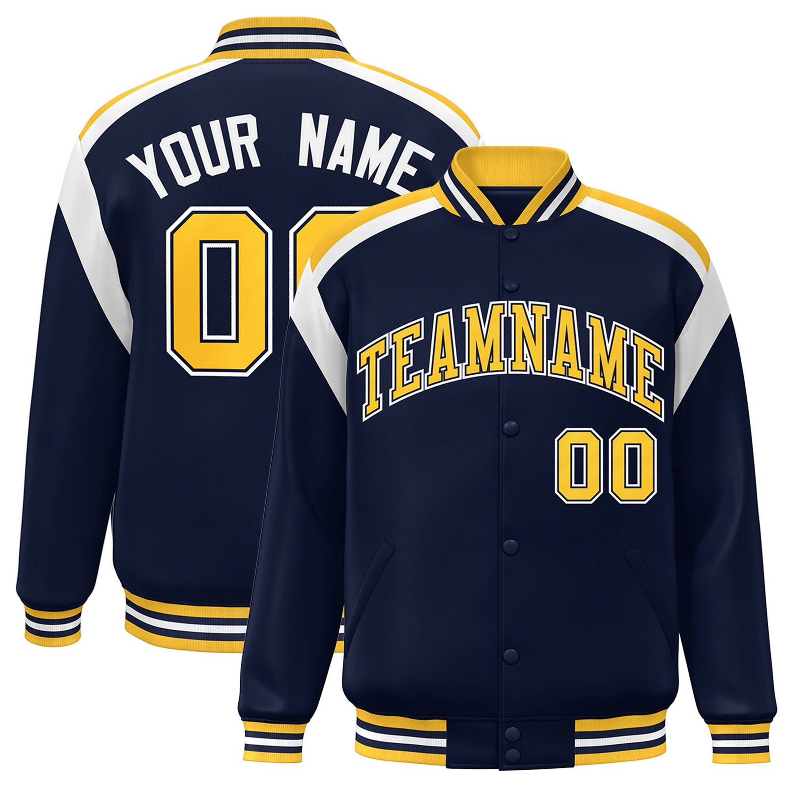 Custom Navy Yellow-White Bomber Full-Snap Varsity Letterman Shoulder Stripe Jacket