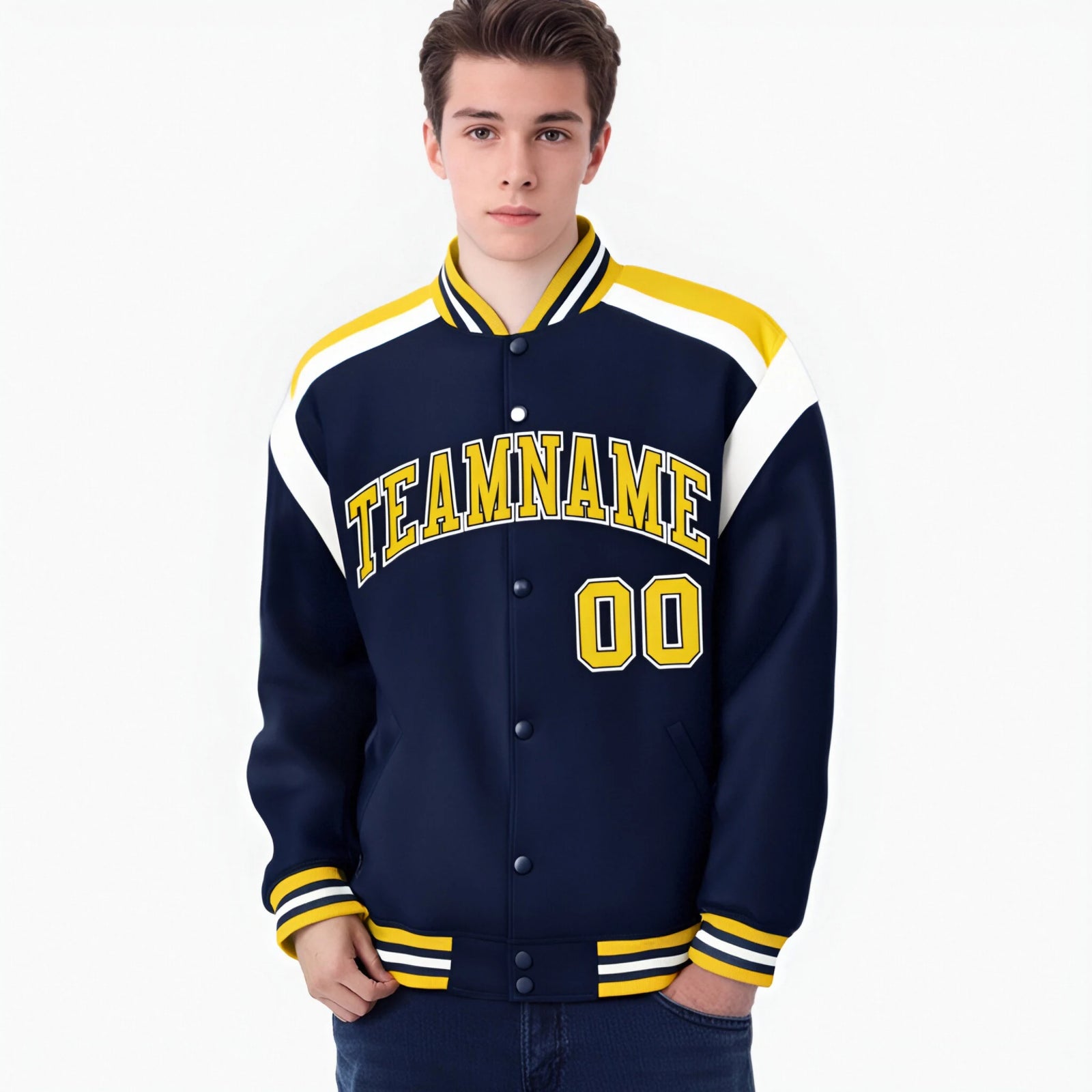 Custom Navy Yellow-White Bomber Full-Snap Varsity Letterman Shoulder Stripe Jacket