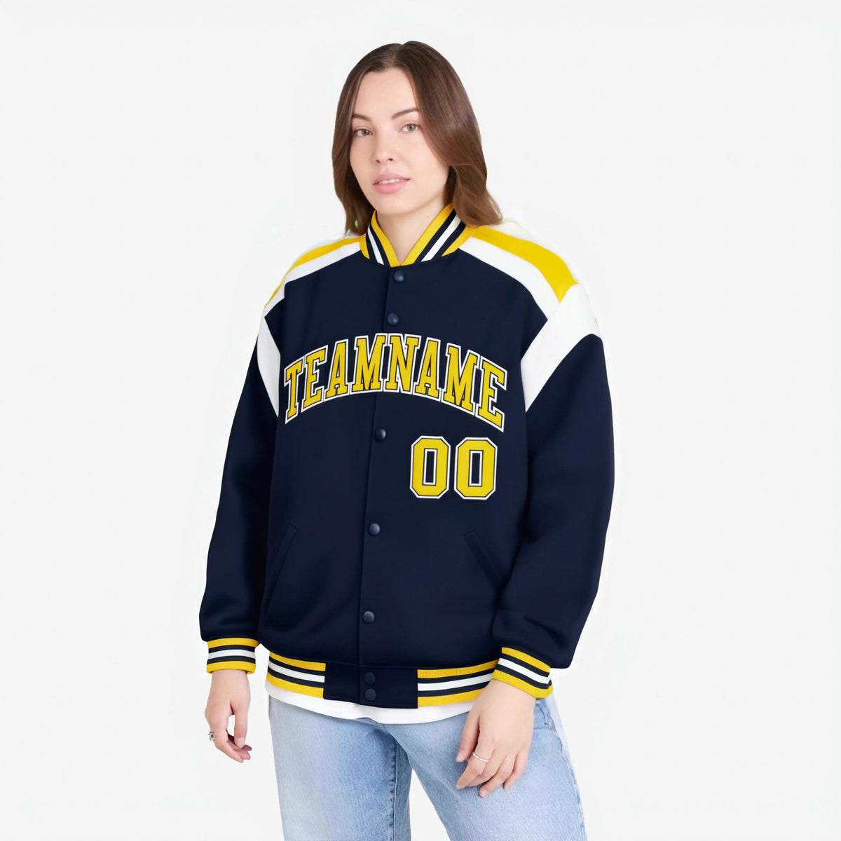 Custom Navy Yellow-White Bomber Full-Snap Varsity Letterman Shoulder Stripe Jacket