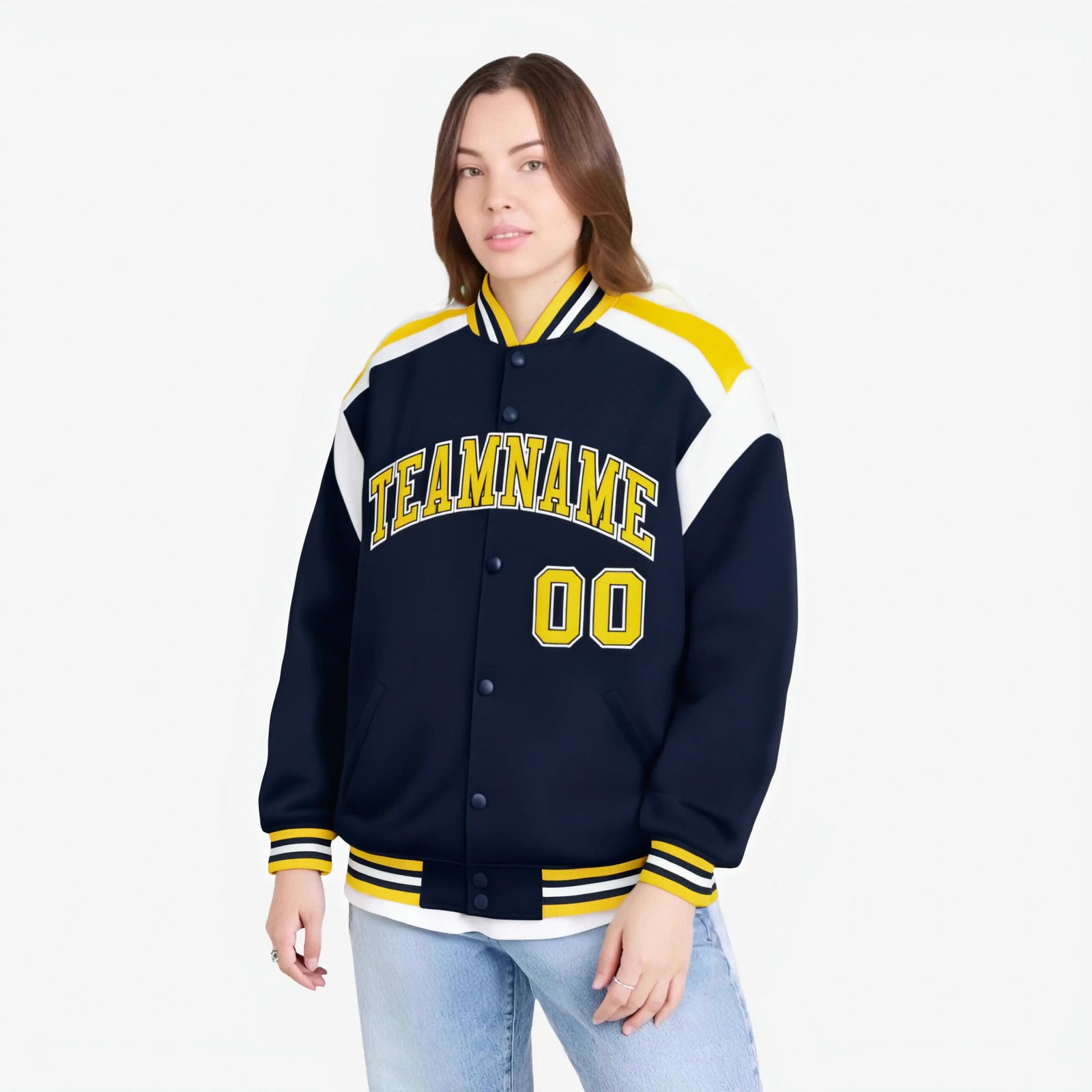 Custom Navy Yellow-White Bomber Full-Snap Varsity Letterman Shoulder Stripe Jacket