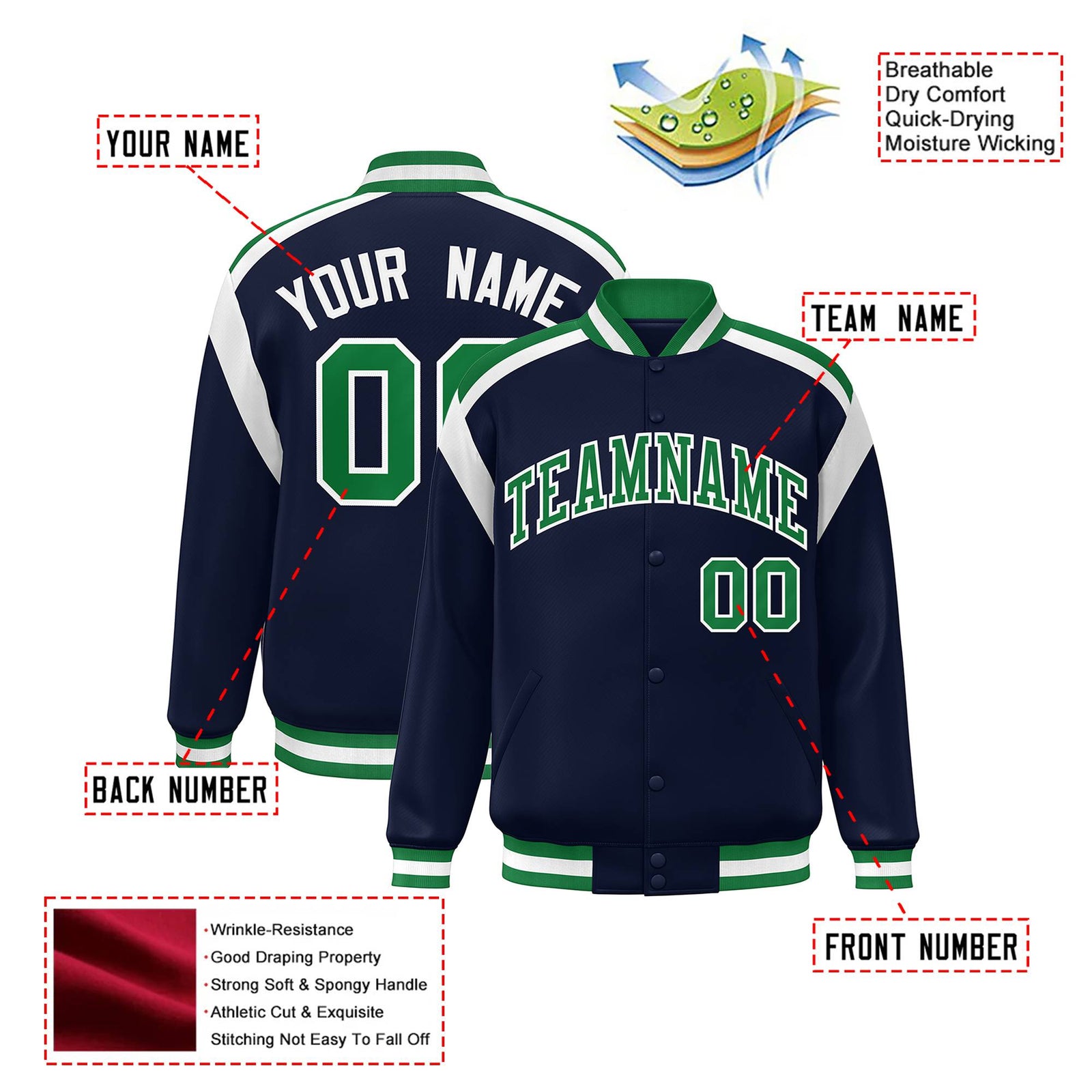 Custom Navy Neon-Green White Bomber Full-Snap Varsity Letterman Shoulder Stripe Jacket