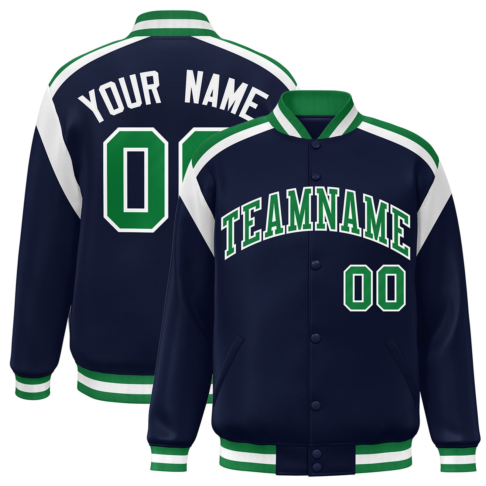 Custom Navy Neon-Green White Bomber Full-Snap Varsity Letterman Shoulder Stripe Jacket