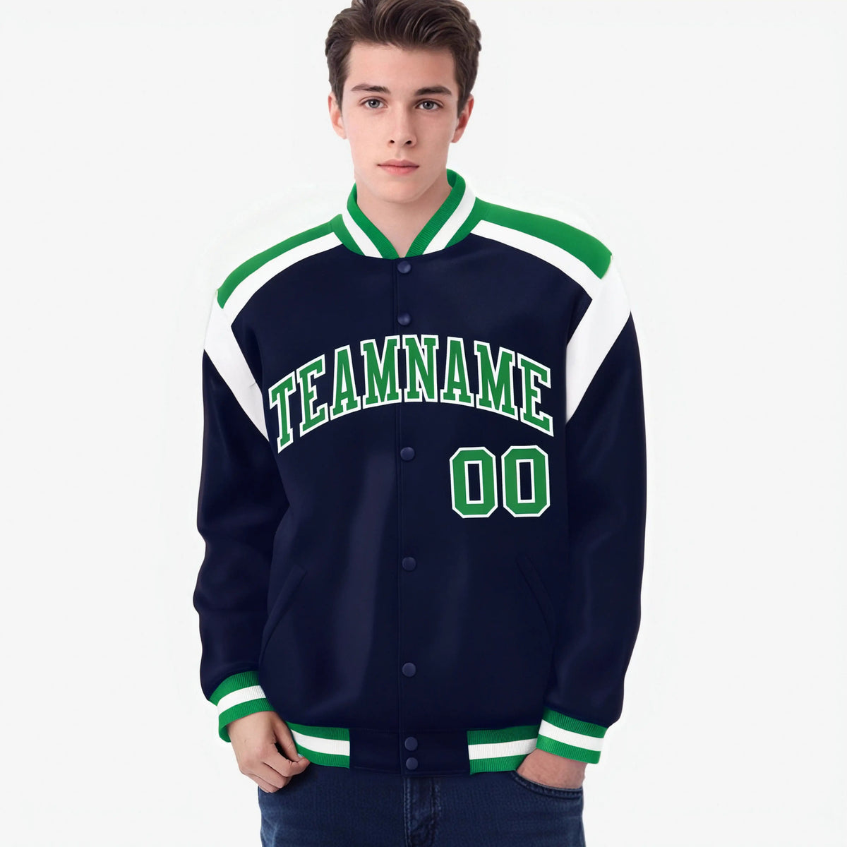Custom Navy Neon-Green White Bomber Full-Snap Varsity Letterman Shoulder Stripe Jacket