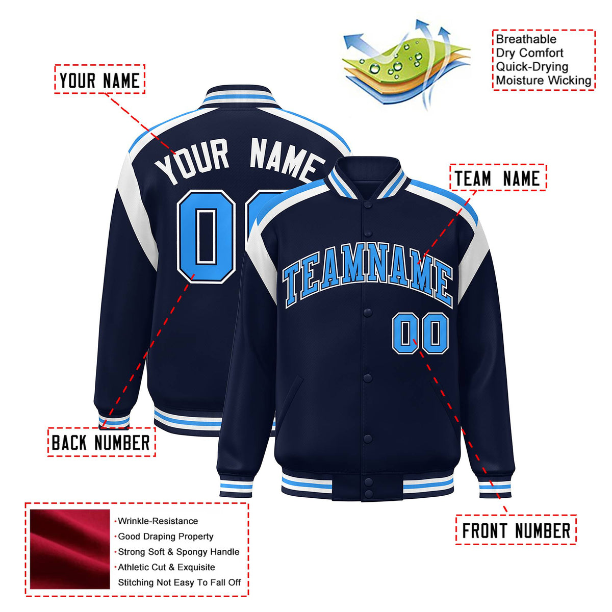 Custom Navy Sky-Blue White Bomber Full-Snap Varsity Letterman Shoulder Stripe Jacket