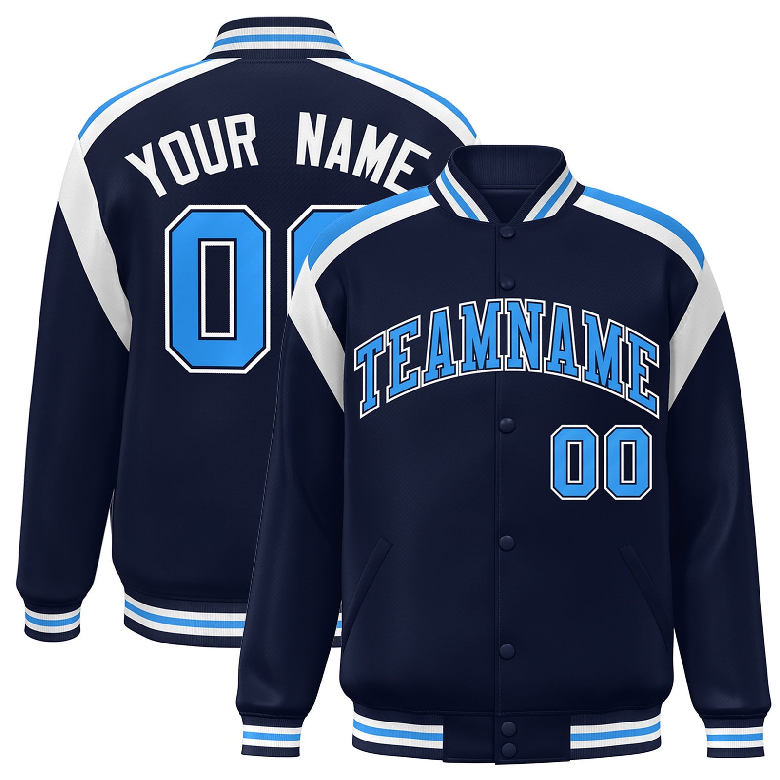 Custom Navy Sky-Blue White Bomber Full-Snap Varsity Letterman Shoulder Stripe Jacket