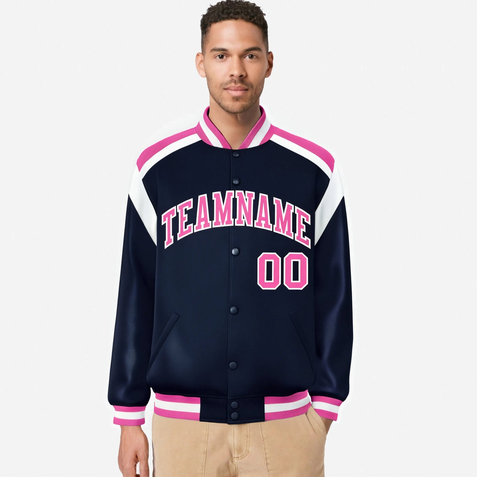 Custom Navy Pink-White Bomber Full-Snap Varsity Letterman Shoulder Stripe Jacket
