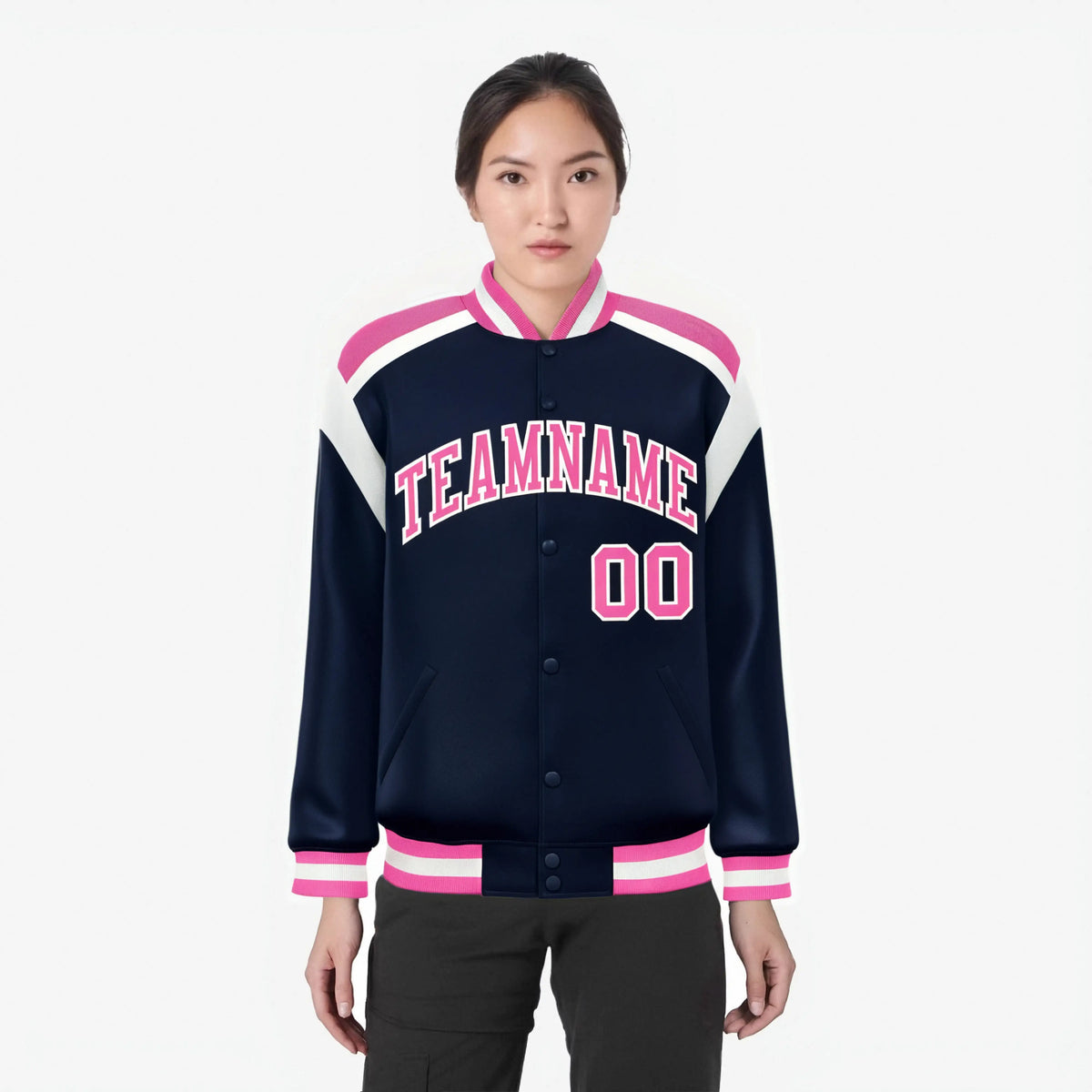 Custom Navy Pink-White Bomber Full-Snap Varsity Letterman Shoulder Stripe Jacket