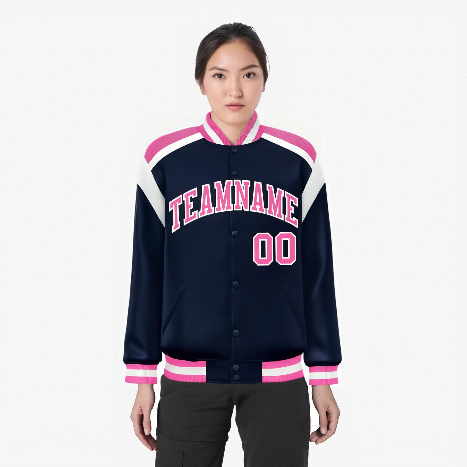 Custom Navy Pink-White Bomber Full-Snap Varsity Letterman Shoulder Stripe Jacket
