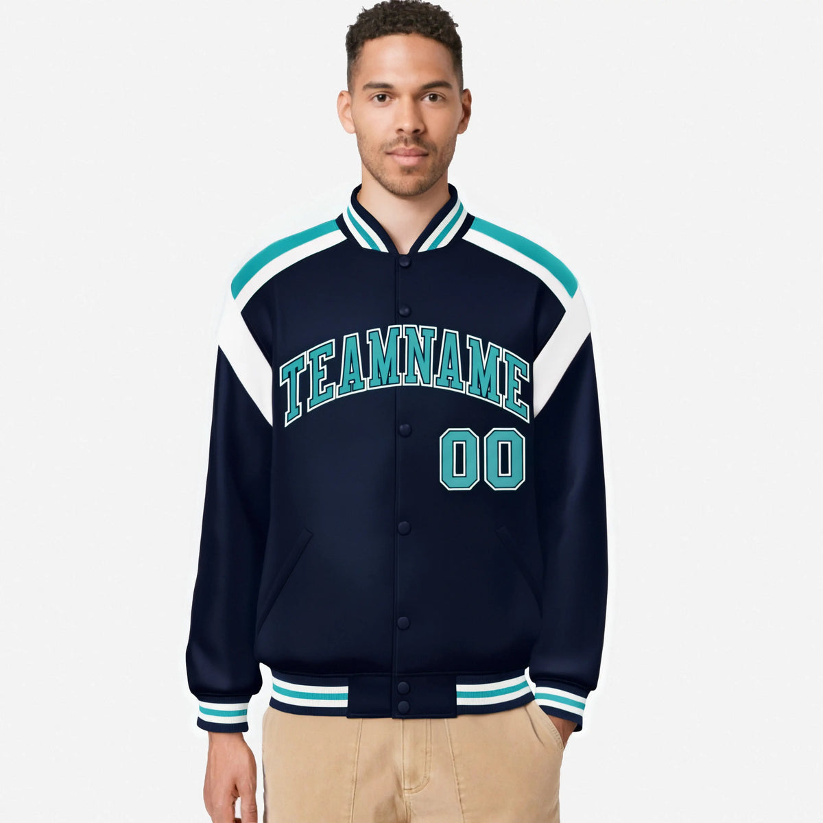 Custom Navy Aqua-White Bomber Full-Snap Varsity Letterman Shoulder Stripe Jacket