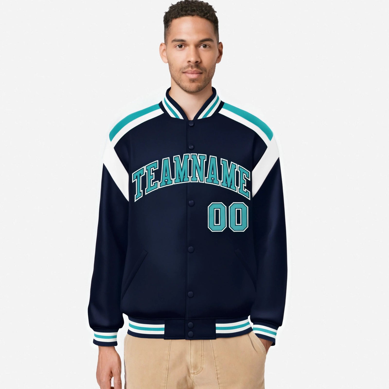 Custom Navy Aqua-White Bomber Full-Snap Varsity Letterman Shoulder Stripe Jacket