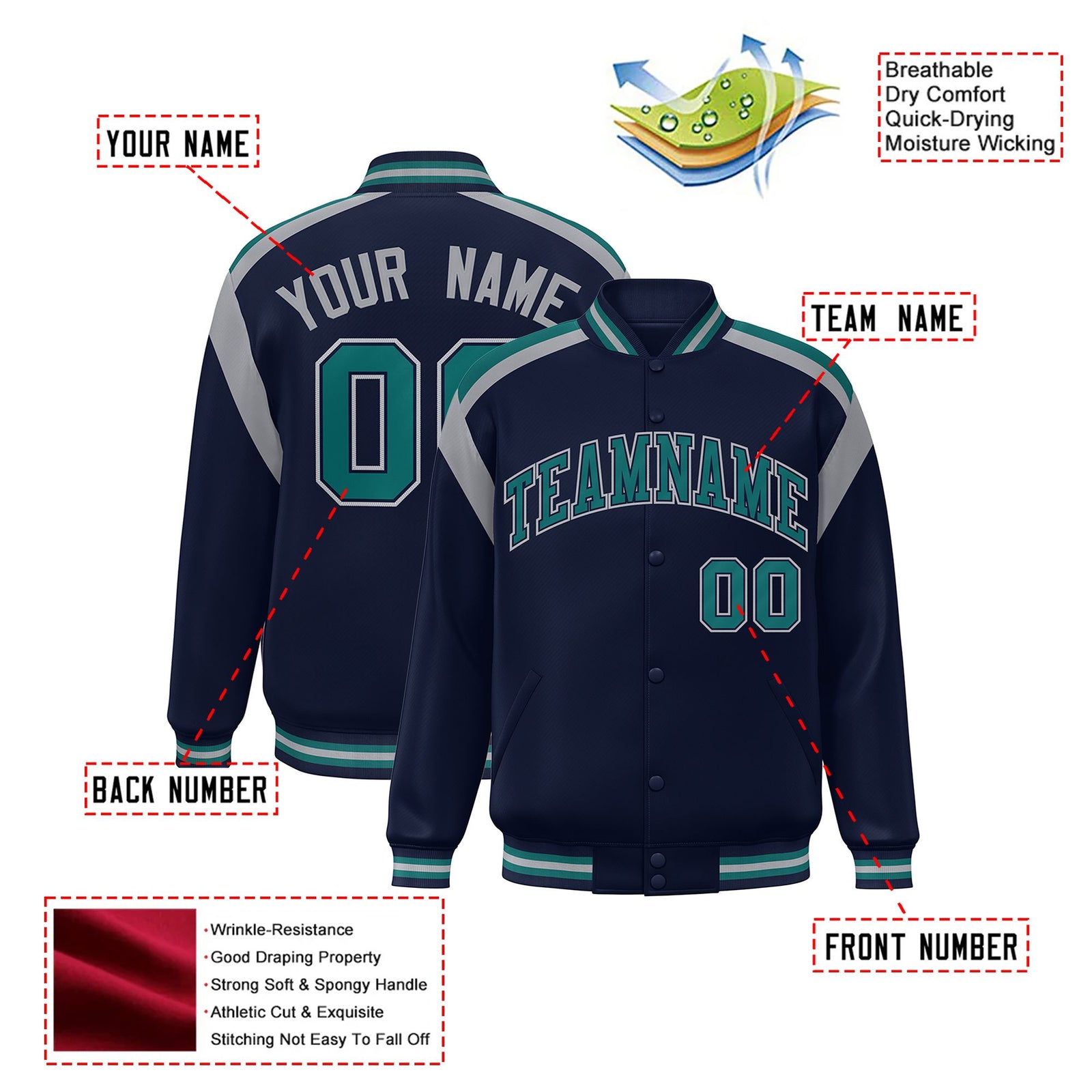 Custom Navy Kelly-Green Gray Bomber Full-Snap Varsity Letterman Shoulder Stripe Jacket