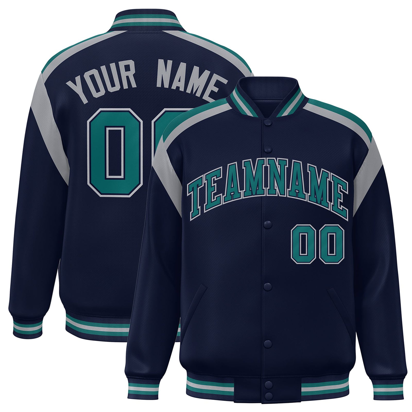 Custom Navy Kelly-Green Gray Bomber Full-Snap Varsity Letterman Shoulder Stripe Jacket