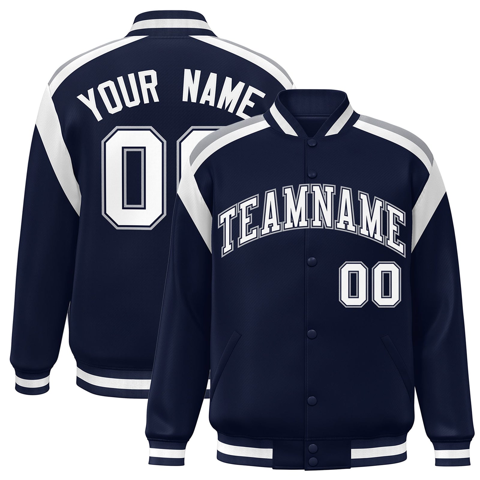 Custom Navy White-Gray Bomber Full-Snap Varsity Letterman Shoulder Stripe Jacket