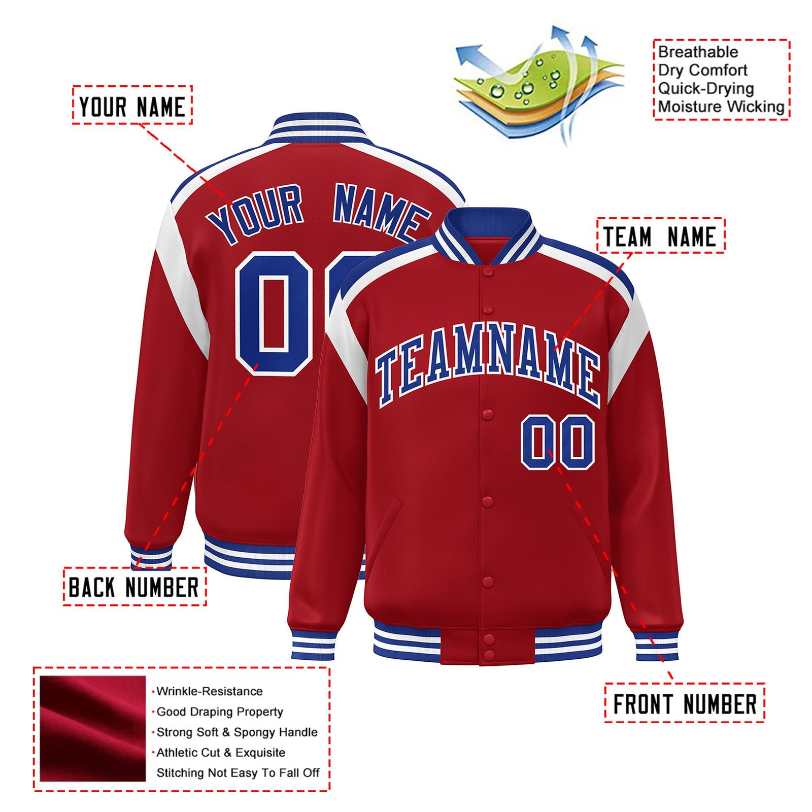 Custom Royal Red Blue-White Bomber Full-Snap Varsity Letterman Shoulder Stripe Jacket