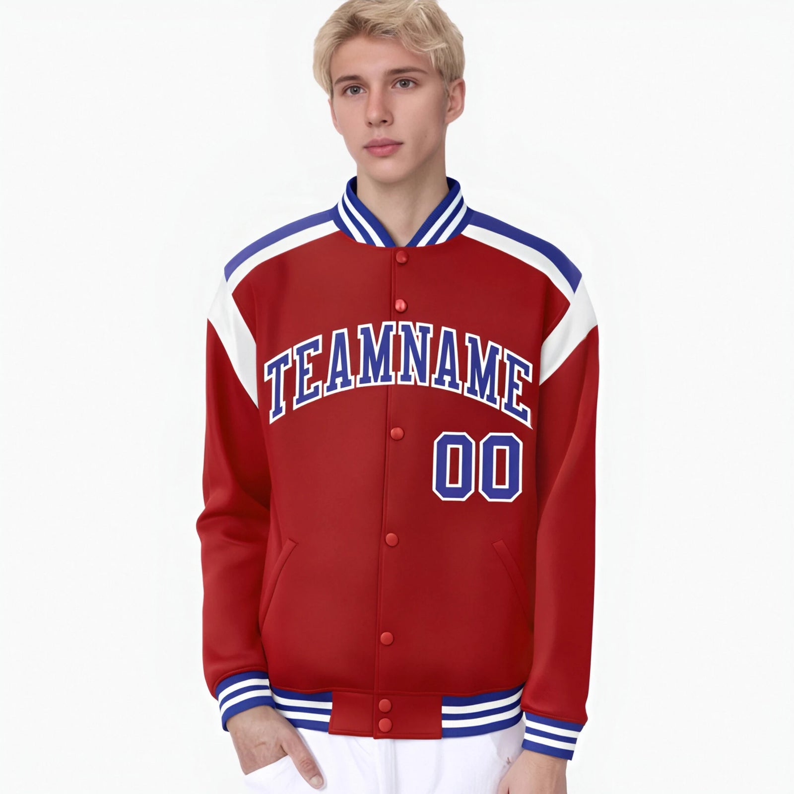 Custom Royal Red Blue-White Bomber Full-Snap Varsity Letterman Shoulder Stripe Jacket