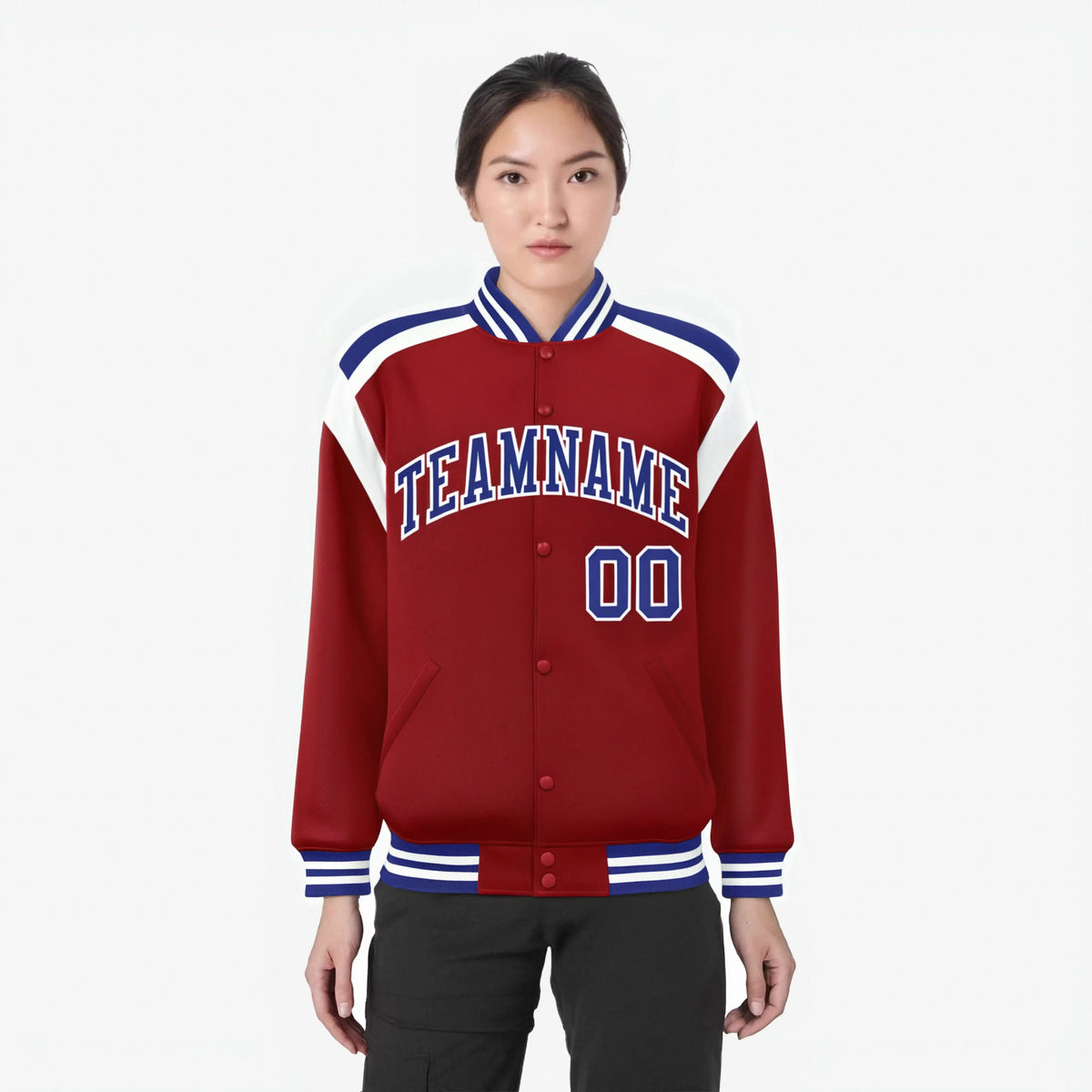 Custom Royal Red Blue-White Bomber Full-Snap Varsity Letterman Shoulder Stripe Jacket