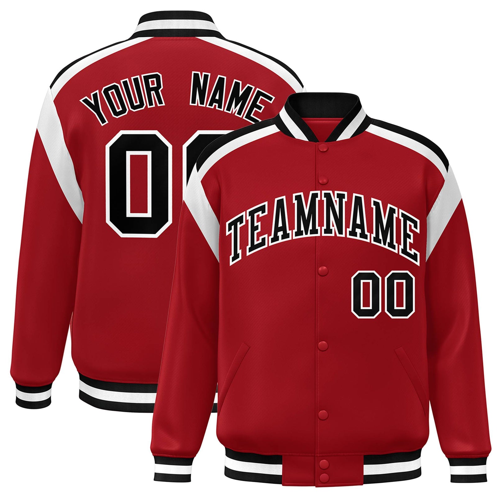 Custom Royal Red Black-White Bomber Full-Snap Varsity Letterman Shoulder Stripe Jacket