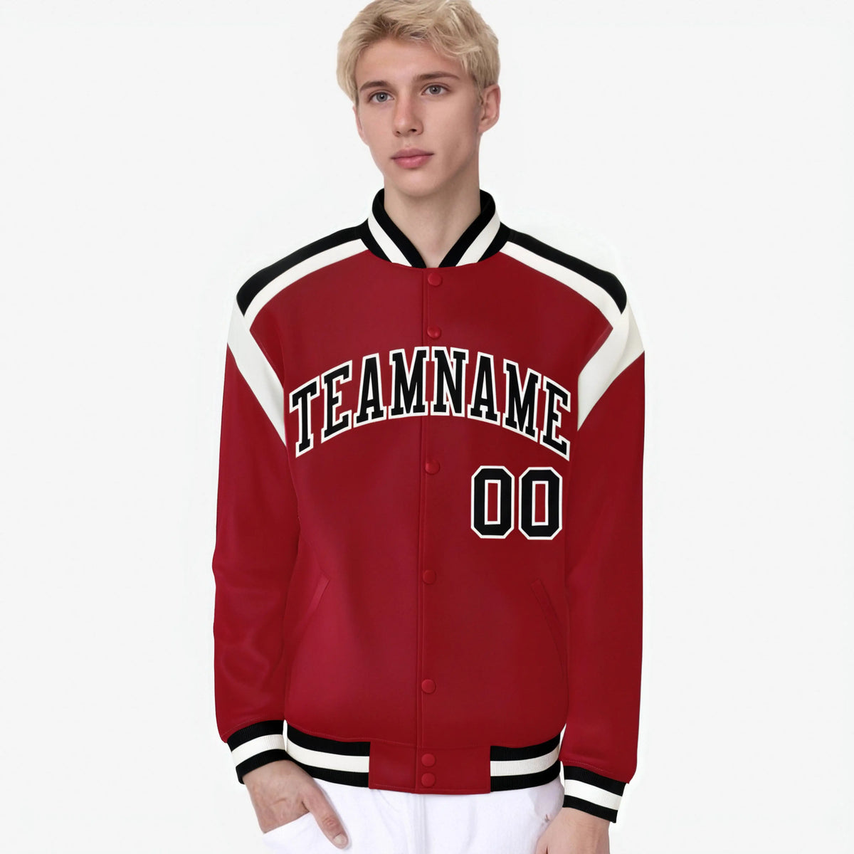 Custom Royal Red Black-White Bomber Full-Snap Varsity Letterman Shoulder Stripe Jacket