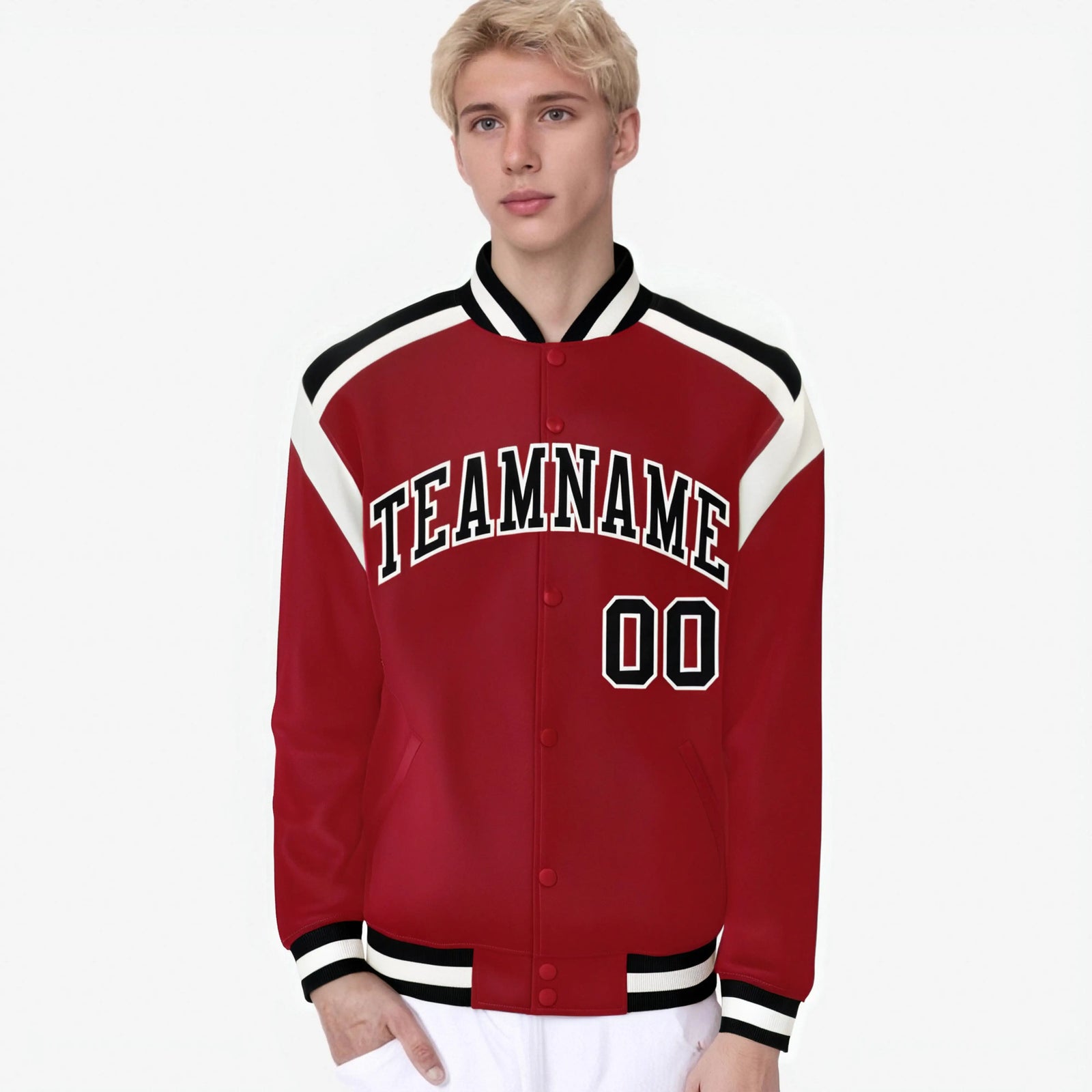 Custom Royal Red Black-White Bomber Full-Snap Varsity Letterman Shoulder Stripe Jacket