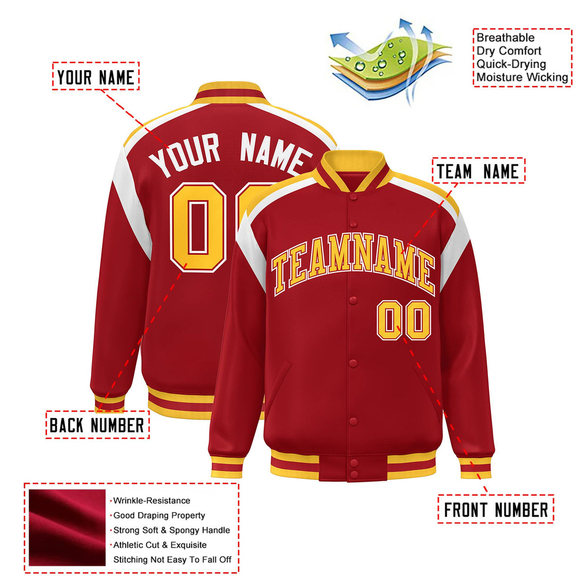 Custom Royal Red Yellow-White Bomber Full-Snap Varsity Letterman Shoulder Stripe Jacket